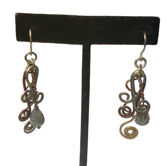 Earrings pierced - 3 metals mixed with I charcoal/white bead  Vintage Handmade - Picture 1 of 3